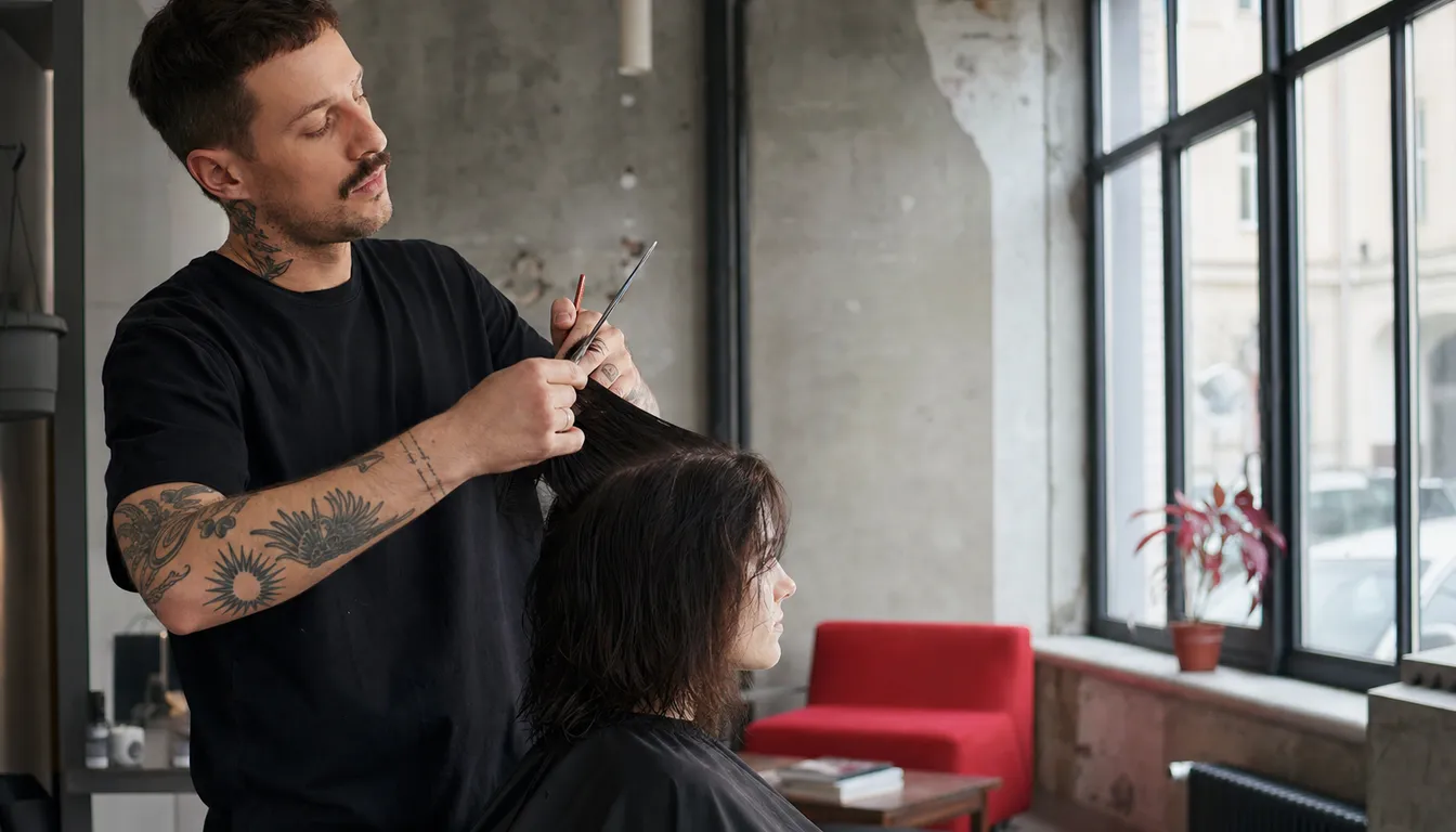 Friseurin schneidet einer Kundin die Haare im hellen Salon mit Betonwänden